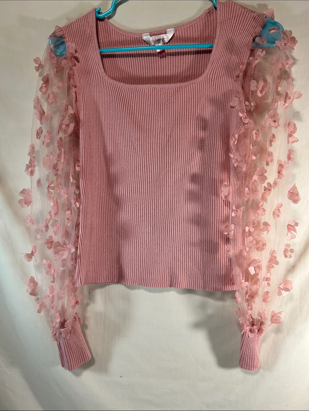 No Boundaries Girls Pink Ribbed Sweater with Floral Sheer Sleeves
